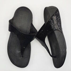 FitFlop womens 8 Black Sequin Thong Wedge Sandals A18-001